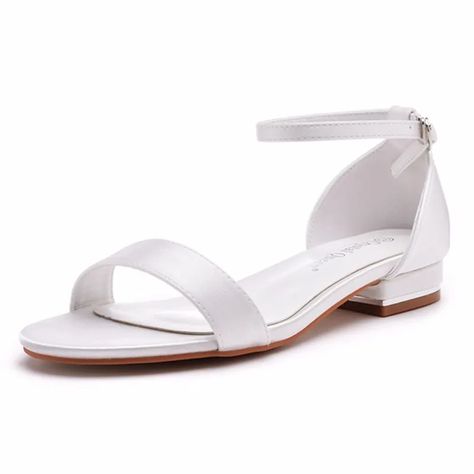 Modest / Simple Satin White Flat Wedding Shoes 2023 Ankle Strap Open / Peep Toe Wedding Sandals Wedding Shoes Flats Sandals, White Wedding Shoes Flats, Bride Flats, 2023 Bride, Small Heel Shoes, Simple Satin, Modern Sandals, Stylish Heels, Wedding Shoes Flats