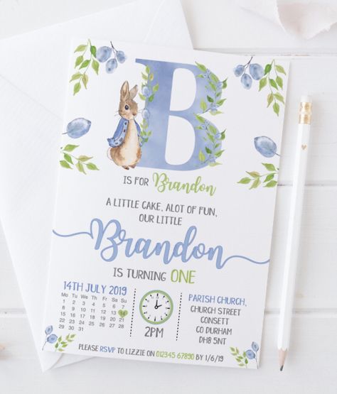 Peter Rabbit 1st Birthday, Peter Rabbit Birthday, 1st Birthday Party Invitations, Baptism Invitations, Baby Shower Invites, Personalized Baby Shower, 1st Birthday Invitations, 1st Birthday Party, Birthday Design