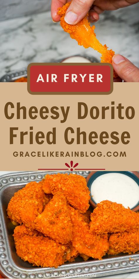 Air Fryer Cheesy Dorito Bombs are tasty triangles of cheddar cheese that are coated in crushed Doritos then air fried. This unique appetizer is perfect to make ahead of time and can be Air Fried in just a few minutes when you're ready to eat. Your family will devour these! | Air Fryer Fried Cheese | Air Fryer Appetizers | Cheese coated in crushed doritos | cheese triangles coated in crushed chips | cheddar cheese fried and coated with crushed doritos corn chips Air Fryer Dorito Nachos, Fried Cheese Stuffed Doritos, Doritos Recipes, New Air Fryer Recipes, Air Fryer Recipes Snacks, Unique Appetizers, Fried Cheese, Cheese Appetizer, Air Fried Food