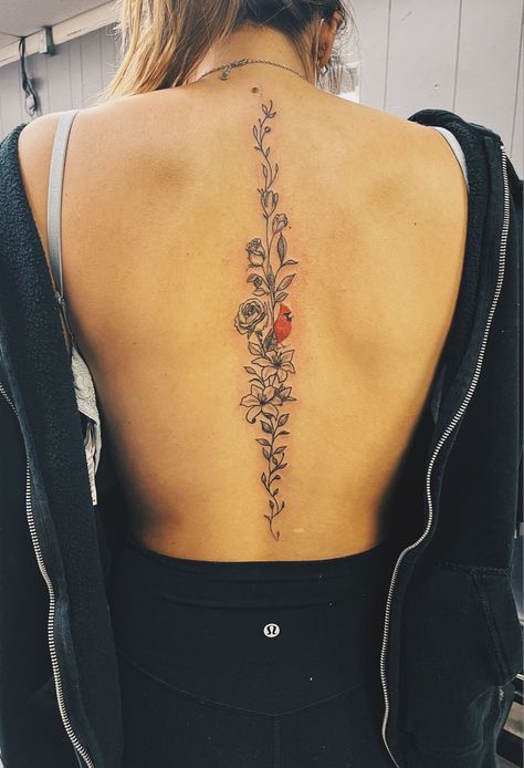 Spinal Tattoo Women, Tattoos Ideas Female, Women Tattoos Ideas, Back Tattoo Women Spine, Female Tattoo Designs, Canvas Tattoo, Spinal Tattoo, Cardinal Tattoos, Flower Spine Tattoos