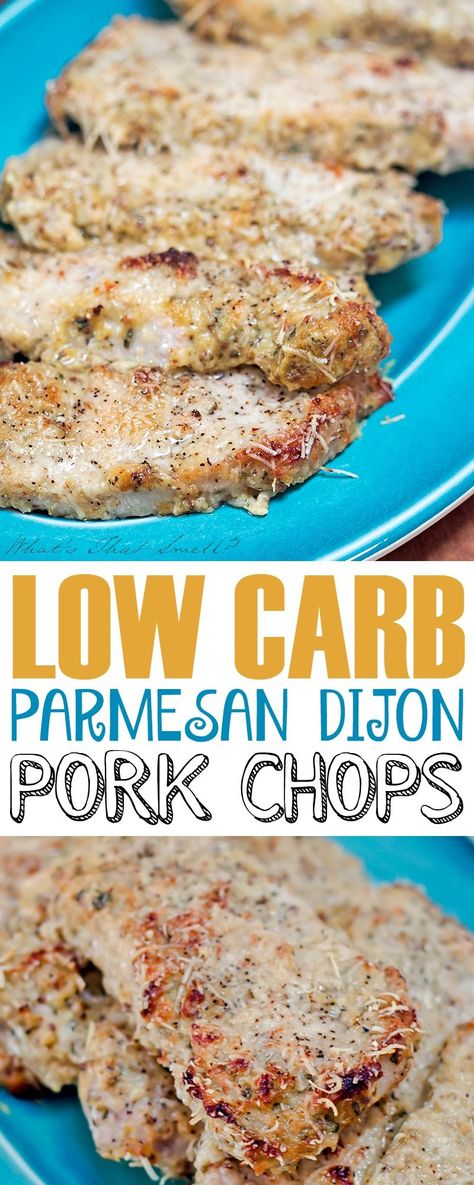 Low Carb Parmesan Dijon Pork Chops - easy to make "breaded" pork chops that are low carb, paleo, gluten-free, etc. They are also delicious and make a great family dinner! #lowcarb #dinner #porkchops Blue Sky Md Recipes, Keto Staples, Dijon Pork Chops, Low Carb Low Calorie, Dinner Pork, Keto Pork, Baked Pork Chops Oven, Cena Keto, Skillet Pizza