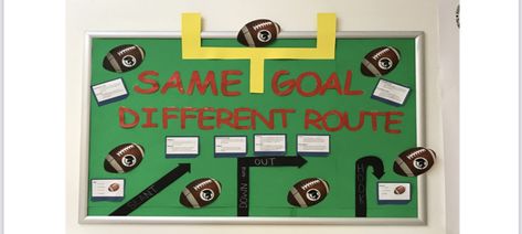 Football Themed Bulletin Boards, Football Bulletin Boards, Physical Education Bulletin Boards, Sports Classroom, Red Ribbon Week, Ra Ideas, Football Themes, Physical Education, Sports Theme