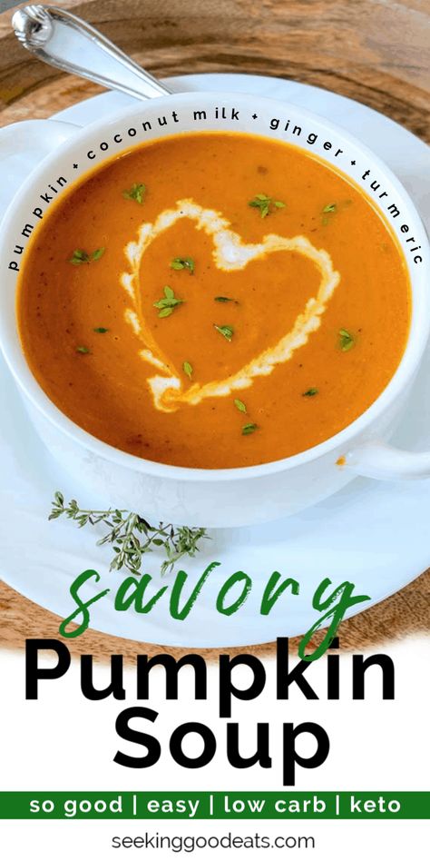 A healthy pumpkin soup recipe that is an easy recipe to make. This is a low carb and keto recipe! Keto pumpkin soup can be made ahead and easily reheated making it the perfect fall or holiday recipe! This healthy pumpkin soup makes a great starter for your Thanksgiving meal! #fallrecipes #keto #ketogenic #ketorecipes #healthydesserts #pumpkin #pumpkinspice #holidayrecipes #lowcarb #glutenfree #sugarfree #seekinggoodeats #thanksgiving Keto Pumpkin Soup, Healthy Pumpkin Soup, Easy Pumpkin Soup, Pumpkin Soup Recipe Easy, Pumpkin Soup Easy, Pumpkin Soup Healthy, Best Grilled Chicken Recipe, Soup Pumpkin, Pumpkin Soup Recipe