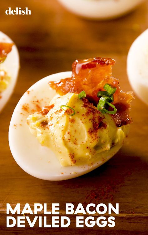 Maple Bacon Deviled Eggs Put Regular Deviled Eggs To ShameDelish Maple Bacon Deviled Eggs, Maple Candied Bacon, Devilled Eggs Recipe Best, Bacon Deviled Eggs, Deviled Eggs Classic, Candied Bacon, Deviled Eggs Recipe, Thanksgiving Dishes, Maple Bacon