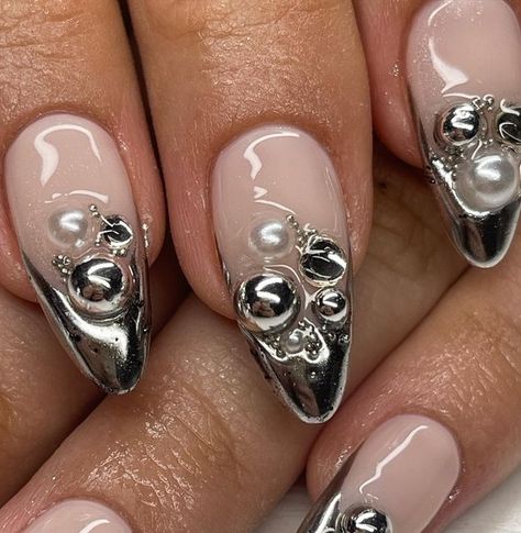 Chrome Nails Art Designs, Bubble Chrome Nails, Chrome Bubble Nails, Chrome Blob Nails, Chrome Nails With Charms, Chrome Reference, Chrome Nails With Gems, Chrome Nails 2023, Chrome 3d Nails