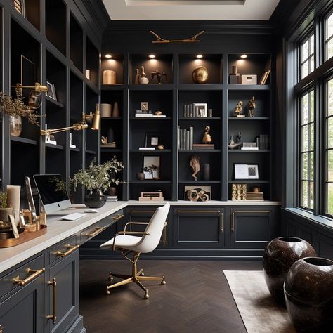 Best Moody Paint Colors of 2024 Black Bookshelves Office, Large Study Room Ideas, Built In Shelves Office Diy, Moody Blue Library, Tricorn Black Office, Bookcase Wall Office, Black Walls Home Office, Dark Built In Cabinets, Study Built Ins With Desk