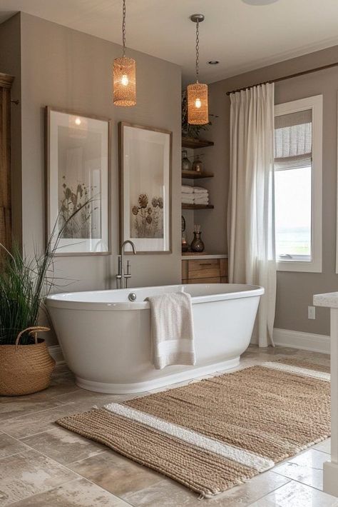 Cozy Luxury Bathroom, Dark Colored Bathroom Ideas, Blue And Beige Bathroom Ideas, White And Taupe Bathroom, Taupe Master Bath, Contemporary Classic Bathroom, Cozy Guest Bathroom, Warm Transitional Bathroom, Taupe Bathroom Walls