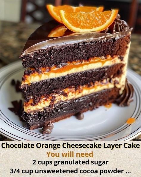 Ashley’s Recipes | Chocolate Orange Cheesecake Layer Cake | Facebook Chocolate Orange Cheesecake Layer Cake, Orange And Chocolate Cake, Cheesecake Layer Cake, Birthday Preparation, Pecan Pie Cheesecake Recipe, Chocolate Orange Cheesecake, Chocolate Orange Cake, Orange Cheesecake, Chocolat Cake