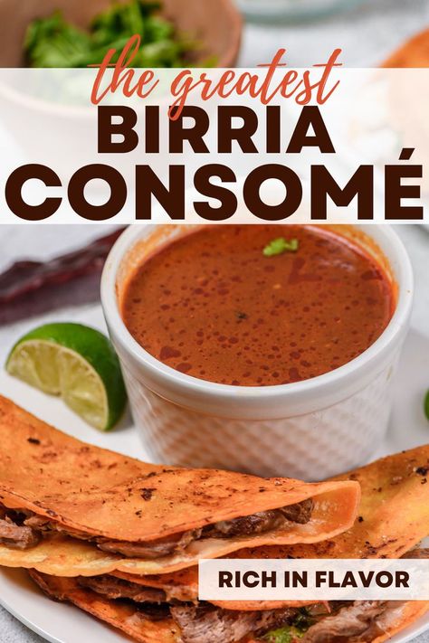 My Birria Consome is a rich and deeply flavorful Mexican sauce made with a mixture of savory, sweet, earthy, smoky, and spicy seasonings which bring incredible flavor to every single bite. Birria consome can be used as the base for a Mexican beef stew, but I love to take the consume and use it as a sauce for quesabirria tacos, burritos, over rice, or even chimichangas! Birria Sauce, Consomme Recipe, Mexican Sauce Recipes, Taco Sauce Recipes, Quesabirria Tacos, Mexican Beef Stew, Beef Birria Recipe, Mexican Sauce, Mexican Beef