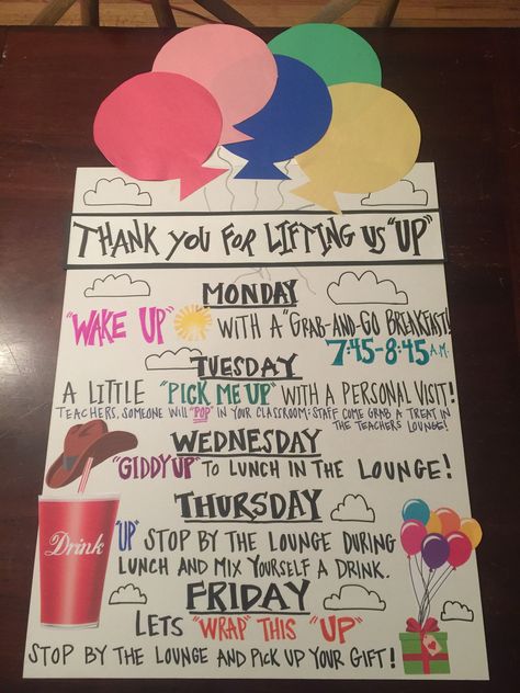 “UP” theme Rise Up Theme, Staff Appreciation Theme Week, Employee Appreciation Theme Ideas, Theme Days At Work, Staff Appreciation Themes, Cricut Chipboard, Parent Council, Childcare Facility, Admin Ideas