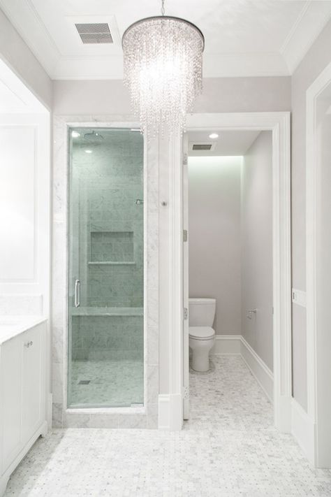 Walk In Shower Next To Water Closet, Small Bathroom With Water Closet, Bathroom With Water Closet, Master Bath Closet Combo Layout, Closet And Bathroom Combo, White And Gray Bathroom, Marble Basketweave, Marble Bench, Small Master Bath