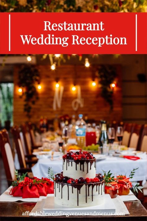 wedding cake and a dining table set up at a restaurant Micro Wedding Reception Restaurant, Restaurant Wedding Ideas, Restaurant Wedding Ceremony, Small Restaurant Wedding, Restaurant Wedding Decor, Ideas For Restaurant, Traditional Wedding Reception, Restaurant Wedding Reception, Small Simple Wedding