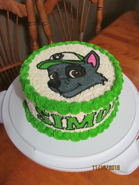 Rocky paw patrol cake Paw Patrol Cake Rocky, Rocky Birthday Cake, Paw Patrol Rocky Cake, Paw Patrol Rocky, Paw Patrol Birthday Cake, Basketball Birthday Parties, Paw Patrol Cake, Paw Patrol Party, Paw Patrol Birthday