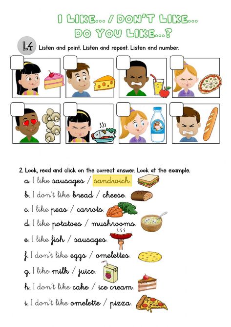 Likes and dislikes online worksheet for Grades 1-2. You can do the exercises online or download the worksheet as pdf. Like And Don't Like Activities, Yes I Do No I Dont Worksheet, I Like I Don't Like Worksheets For Kids, There Is There Are, Likes And Dislikes Worksheets, Do Like, Like And Dislike, Materi Bahasa Inggris, Back To School Worksheets