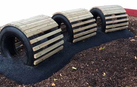 The Benefits of Natural Playground Equipment on the Environment Tire Kids Play Playground Ideas, Dog Tire Playground, Tire Playground Diy, Tire Playground Ideas, Dog Parkour, Glamping Aesthetic, Daycare Playground, Tire Playground, Wooden Playground Equipment