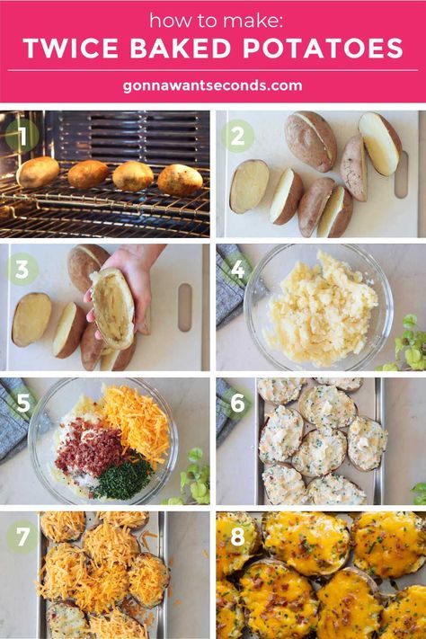 *NEW* These twice baked potatoes with sour cream are the perfect side dish. An oven-baked potato shell stuffed with mashed potatoes that are loaded with cheese, sour cream, chives, and bacon. #bakedpotatoes #sidedishes #potatosidedishes Baked Stuffed Potatoes Recipes, Loaded Baked Potato Meal, Baked Potatoes Recipes Stuffed, Stuffed Potatoes Twice Baked, Baked Potatoes In The Oven Loaded, Loaded Baked Potatoes In The Oven, Twice Baked Potatoes In The Oven, Double Baked Potatoes Recipe, Double Stuffed Baked Potatoes