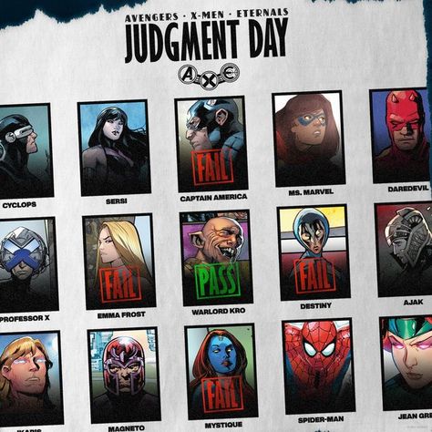 Marvel Entertainment on Instagram: "Judgment is upon us. 👍👎 Who will pass and who will fail? The answers lie ahead in 'A.X.E.: Judgment Day'." Judgment Day, Professor X, Marvel Daredevil, Emma Frost, Marvel Captain America, Marvel Entertainment, X Men, Captain America, Fails