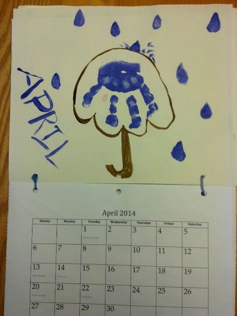 April calendar page - half of a blue painted upside down hand print and blue finger prints for rain drops April Showers Handprint Art, Rain Cloud Art Preschool, Rain Process Art, April Showers Art Preschool, Cloud With Raindrops Craft, Infant Room Daycare, Rain Crafts, Montessori Baby Activities, April Rain