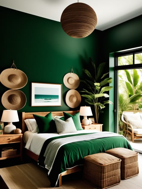 Tropical Green Bedroom, Analogous Bedroom, Green Bedroom Mid Century, Dark Green Room Color, Bedding Ideas Dark, Accent Wall Dark Green, Green Bedroom Aesthetic Ideas, Dark Green Bedroom Accent Wall, Dark Green Walls Bedroom