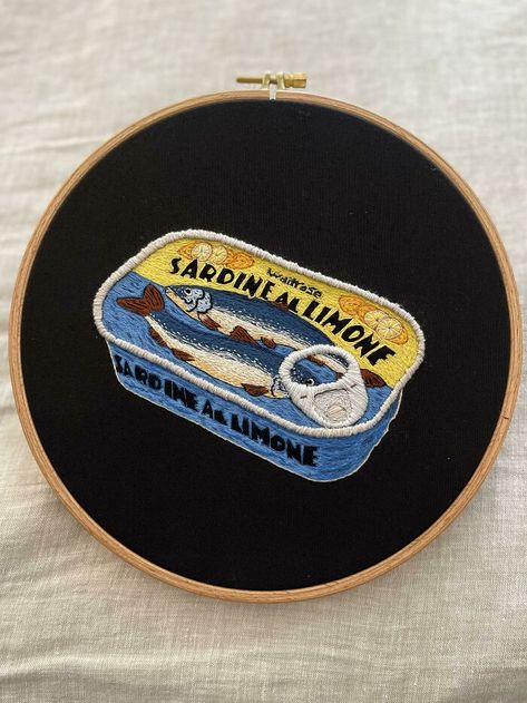 Finished The Sardine Can. I’m Really Happy With How The Fish Turned Out Sardines Embroidery, Sardine Embroidery, Interesting Embroidery, Embroidery Fish, Sardine Can, Fish Embroidery, Pocket Full Of Sunshine, Digital Embroidery Patterns, Thread Painting