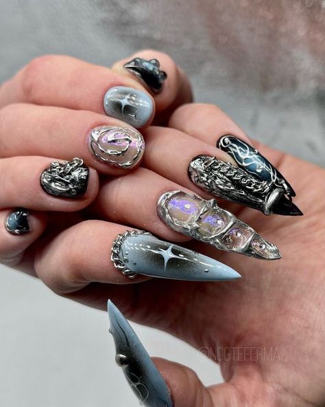 Dark Fairy Nails Acrylic, Trash Nails, Trash Design, Alien Nails, August Nails, Mens Nails, Asian Nails, Punk Nails, Long Acrylic Nail Designs