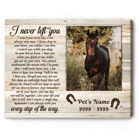 Personalized Horse Memorial Gift, Horse Memorial Picture Frame, Horse Keepsake Sympathy Gift, Horse Memorial Canvas, Horse Loss Gift Losing a dear horse will leave a huge pain. Let's ease their pain with our horse remembrance gifts. Let the memories of our beloved horse live forever with this unique work of art. Upload a favorite photo, customize your pet's name and date, and you've got the perfect gift. Horse remembrance gifts will also brighten up any space in your home and the meaningful message will make you feel like a horse is always watching you. SPECIFICATIONS: 100% printed and crafted in the USA. Artist - designed with love & care This canvas gallery wrap has vibrant colors! The premium canvas is wrapped around the solid wood frame. Made with last-forever, never-fade ink Arrives r Horse Memorial Shadow Box Ideas, Horse Memorial Ideas, Equestrian Room, Horse Shadow Box, Horse Remembrance, Horse Keepsake, Horse Loss, Homemade Horse Treats, Memorial Picture Frame