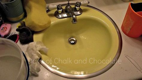 We had an old, rusty, yellow sink that was bugging me. So I went off and reglazed it using a store-bought epoxy. Vintage Yellow Kitchen, Bathroom Tiles Modern, Tiny Half Bath, Luxury Bathroom Vanities, Large Bathtubs, Home Improvement Ideas, Best Bathroom Vanities, Modern Bathroom Lighting, Expandable Dining Table