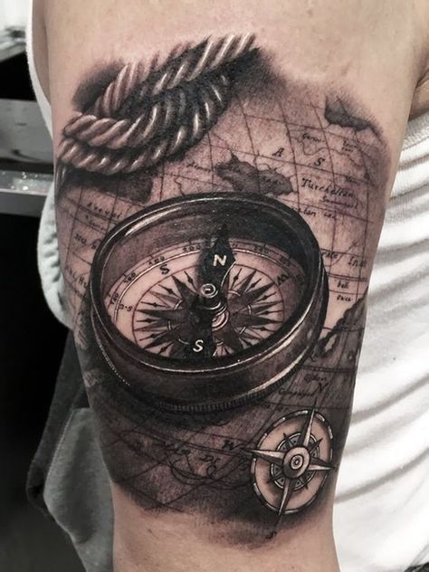 05 artistically rich 3D compass, rope and world map tattoo - Styleoholic Tato Jam, Nautical Compass Tattoo, Compass Tattoo Men, Tato Maori, Tato Tradisional, Compass Tattoo Design, Map Tattoos, Marquesan Tattoos, Nautical Tattoo