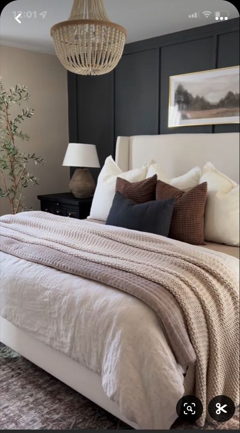 Dark Mauve Bedding, Master Bedrooms Gray Bed, Cream Bed Dark Wall, Bedroom Decor With Dark Floors, Blue Grey Brown Bedroom, Small Bedroom Dark Furniture, Dark Board And Batten Wall Bedroom, Dark Gray Duvet Bedroom Ideas, Black Cream Bedroom Ideas