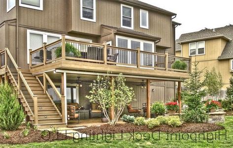 High Level Deck Designs, Bedroom Deck Ideas Master, Patio With Balcony Above, Deck Off Back Of House Staircase, 2nd Level Deck Ideas, Walk Out Basement Deck Ideas, Under Patio Ideas, Deck Off Back Of House Second Floor, Deck Ideas Walkout Basement