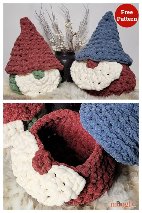 Christmas Crochet Basket, Crochet Christmas Gnomes Free Pattern, Gnome Basket, Gnome Gift Ideas, Nativity Crochet, Crocheted Gnomes, Crochet Gnomes Pattern Free, Christmas Tree In Basket, Crochet Gnomes