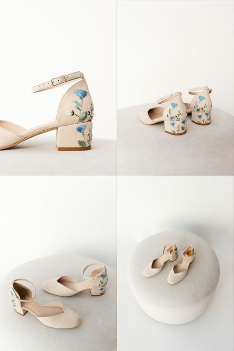 Embrace elegance on your special day with our 'Jasmine' wedding shoes. These handcrafted sandals feature a soft pinky white suede, a sophisticated V-cut vamp, and closed toe design. With a comfortable 4.5 cm block heel and memory foam insoles, they ensure all-day comfort. Customizable embroidery and durable Tunit outsoles make them perfect for any bride. Made-to-measure for a flawless fit.   #WeddingShoes #BridalSandals #HandcraftedShoes #CustomizableFootwear Bridal Aesthetic, Comfortable Bridal Shoes, Jasmine Wedding, Embroidery Wedding, Bridal Sandals, Womens Wedding Shoes, Handmade Embroidery, Low Block Heels, White Bridal