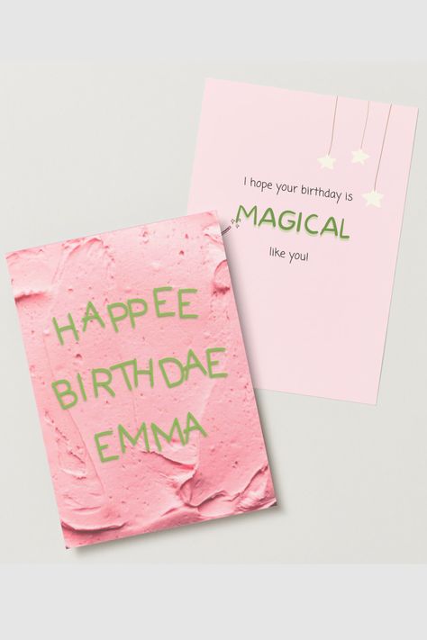 Front of card reads "Happee Birthdae Emma" in a green, handwritten font with the back design being pink cake frosting. On the inside of the card, it reads "I hope your birthday is MAGICAL like you" with light yellow stars hanging from the top on a light pink background. Happy Birthday Harry Potter Cards, Harry Potter Card Ideas, Hp Cake, Hagrid Cake, Harry Potter Birthday Cards, Happy Birthday Harry Potter, Cake Birthday Card, Harry Potter Cards, Magic Birthday