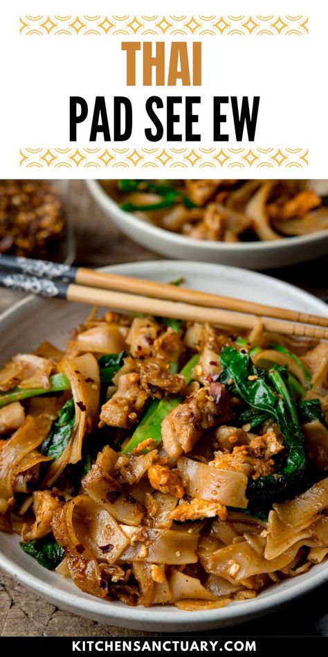 Discover the bold flavors of Thai Pad See Ew in this easy, satisfying recipe. Fresh, wide rice noodles are stir-fried with tender chicken, crunchy Chinese broccoli, and scrambled eggs, all coated in a rich blend of oyster sauce, soy sauce, and a touch of sweetness. Perfectly caramelized noodles deliver an authentic taste of Thailand right to your table. Enjoy with a splash of chili vinegar for extra zest. Chicken Pad See Ew, Pad See Ew Recipe Chicken, Pad See Ew Recipe, Pad Thai Recipe Authentic, Wide Rice Noodles, Thai Pad, Thai Recipes Authentic, Chinese Broccoli, Kitchen Sanctuary