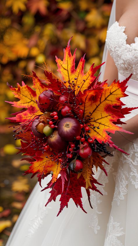 Maple Leaf-Inspired Bouquets: Unique Fall Wedding Ideas Fall Themed Wedding Bouquets, Autumnal Flowers Wedding, Fall Leaf Bouquet, Fall Leaves Bouquet, Wedding Bouquet Fall Colors, Burgundy And Burnt Orange Wedding, Waterfall Bouquet Wedding, Flower Arrangements Autumn, Wedding Decorations Autumn