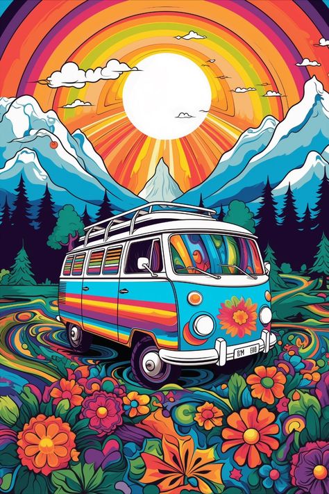 Hippie Room Decor Bohemian, Van Traveling, Vw Hippie Van, Combi Hippie, Hippie Pictures, Van Hippie, Surreal Art Painting, Mundo Hippie, Hippy Art