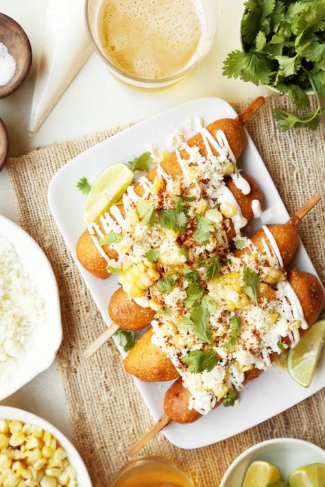 Have fun with your corn dog toppings with these Mexican Street Corn Dogs! Homemade corn dogs topped with mayo, grilled corn, cotija cheese and cilantro! Homemade Corn Dogs, Homemade Corndogs, Corndog Recipe, Corn Dog, Mexican Street Corn, Hot Dog Recipes, Street Corn, Porto Rico, Buffalo Chicken Dip