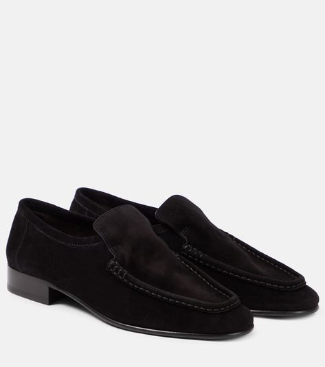 New Soft suede loafers in black - The Row | Mytheresa Class Outfits, Soft Loafers, Black Suede Loafers, Luxury Outerwear, Shoe Wishlist, Suede Loafers, Goat Leather, Soft Suede, Shoe Box