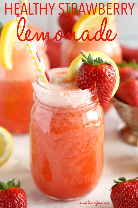 This Healthy Strawberry Lemonade is the perfect naturally-sweetened refreshing drink for summer! It's made from blended strawberries, fresh lemon juice and honey, so it's the perfect healthy refreshment for warm days and summer parties! Recipe from thebusybaker.ca! #healthylemonade #sugarfreelemonade #diabeticlemonade Healthy Strawberry Lemonade, Healthy Lemonade, Sugar Free Lemonade, Drink For Summer, Strawberry Lemonade Recipe, Homemade Lemonade Recipes, Resep Smoothie, Lemonade Drinks, Healthy Strawberry