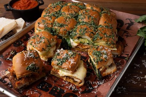 Chicken Parmesan Sliders - Traeger Grills Parmesan Sliders, Vegetable Cocktails, Chicken Parmesan Sliders, Pesto Cheese, Pork Rub, Flat Top Grill, Traeger Recipes, Chicken Sliders, Traeger Grill