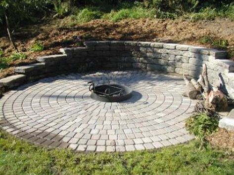 Backyard Patio With Fire Pit, Patio With Fire Pit, Fire Pit Video, Backyard Retaining Walls, Outside Fire Pits, Walls Ideas, Wall Fires, Fire Pit Landscaping, Sloped Backyard