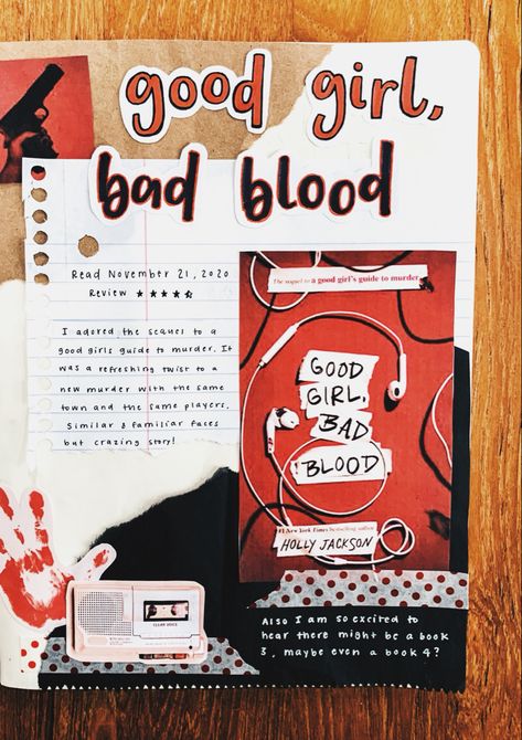 Reading Journal, Reading Log, Summary and Review of Good Girl, Bad Blood by Holly Jackson, scrapbook Reading Log Aesthetic, Fanfiction Reading Journal, Book Summary Journal, Reading Journal Scrapbook, Bookish Scrapbook, Horror Journal Ideas, Novel Journaling, Good Girl Bad Blood Book Aesthetic, Book Review Journal Ideas