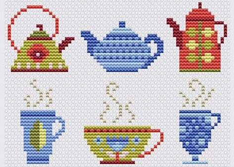 Durene Jones Cross Stitch, Coffee Cross Stitch, Durene Jones, Free Cross Stitch Charts, Disney Cross Stitch Patterns, Miniature Embroidery, Cross Stitch Fonts, Tiny Cross Stitch, Cross Stitch Kitchen