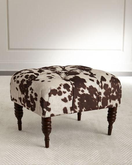 Brown and White Spotted Tufted Turned Legs Ottoman How To Decorate Farmhouse Style, Upholstered Bench Bedroom, Mid Century Accent Chair, Entryway Dining Room, Upholstered Bedroom, Fabric Bench, Modern Rustic Decor, Brown Cow, Interior Design Rustic