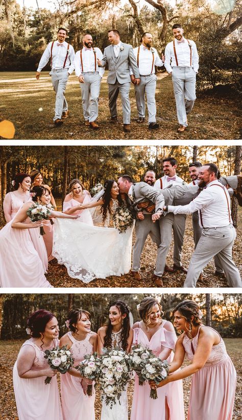 Groomsman With Suspenders, Groomsmen Attire Pink Blushes, Wedding Poses With Bridesmaids And Groomsmen, Bowtie Wedding Groomsmen, Groomsmen With Suspenders And Bowties, Bridal Party Photos Groomsmen, Groomsmen Bowtie Suspenders, Groomsmen Attire With Pink Bridesmaids, Outdoor Bridal Party Photos