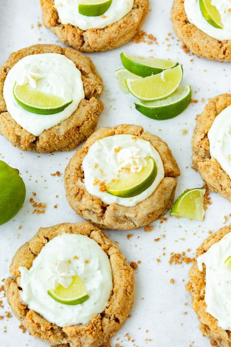 Creamy, chewy, zesty and comforting...these key lime pie cookies check all the important dessert boxes! #keylimepiecookies #keylimedessert #cookierecipe Key Lime Crumble Cookie Copycat Recipe, Key Lime Pie Cookies, Key Lime Pie Sandwich Cookies, Crumble Cookie Copycat Recipe Key Lime Pie, Kie Lime Pie Recipes, Pie Key Lime, Healthy Key Lime Pie, Key Lime Cookies, Key Lime Desserts