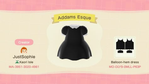 A design based from Wednesday Addams' dress for Animal Crossing New Horizons Acnh Dress Design, Ac Outfits, Acnh Dress, Acnh Fashion, Animal Crossing Outfits, Animal Crossing Memes, Animal Crossing Clothes, Acnh Clothes, Animal Crossing Qr Codes Clothes