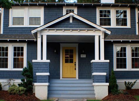 Flipping Old House Navy Blue House Exterior, Exterior Remodel Before And After, Navy Blue House, Blue Home Exterior, Blue House Exterior, Navy Blue Houses, Yellow Door, Home Exterior Makeover, Cottage Renovation