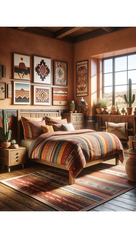 "21 Stunning Bedroom Decoration Ideas That Will Transform Your Space ✨🛏️ (You Won't Believe #7!)" Santa Fe Bedroom, Mexican Style Bedroom, Modern Western Bedroom, Aztec Bedroom, Southwest Bedroom, Southwestern Bedroom, American Room, Wrought Iron Bed, Bedroom Decoration Ideas