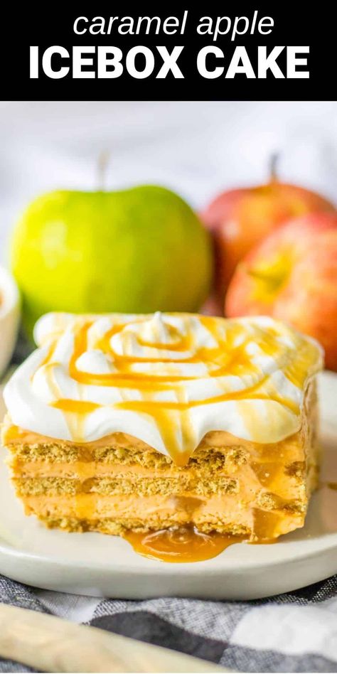 layers of apple icebox cake with caramel drizzled on top Cinnamon Graham Crackers, Apple Butter Cake, Caramel Apple Pie Recipes, Baked Caramel Apples, Cake No Bake, Fruit Pie Filling, Homemade Apple Pie Filling, Baked Caramel, Apple Dump Cakes